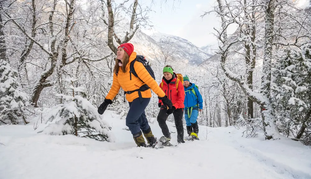 Three people on a snowshoe hike on Kongevegen