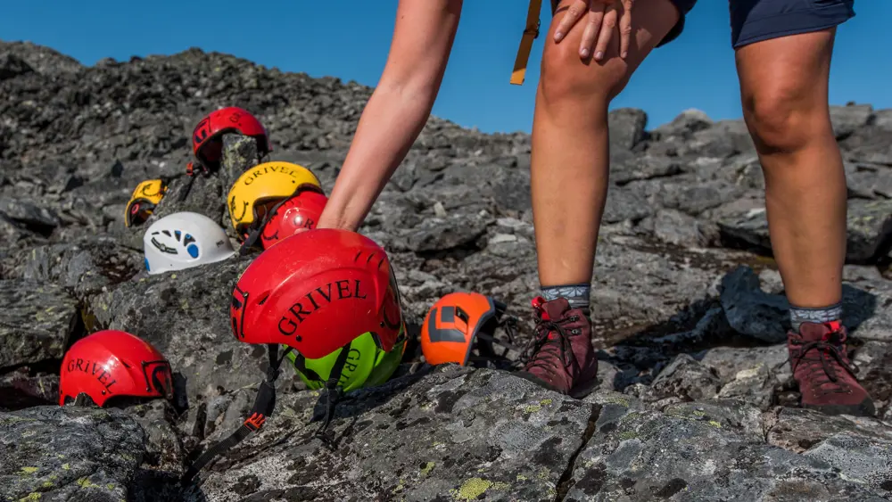 Helmet and equipment for glacier hiking. 