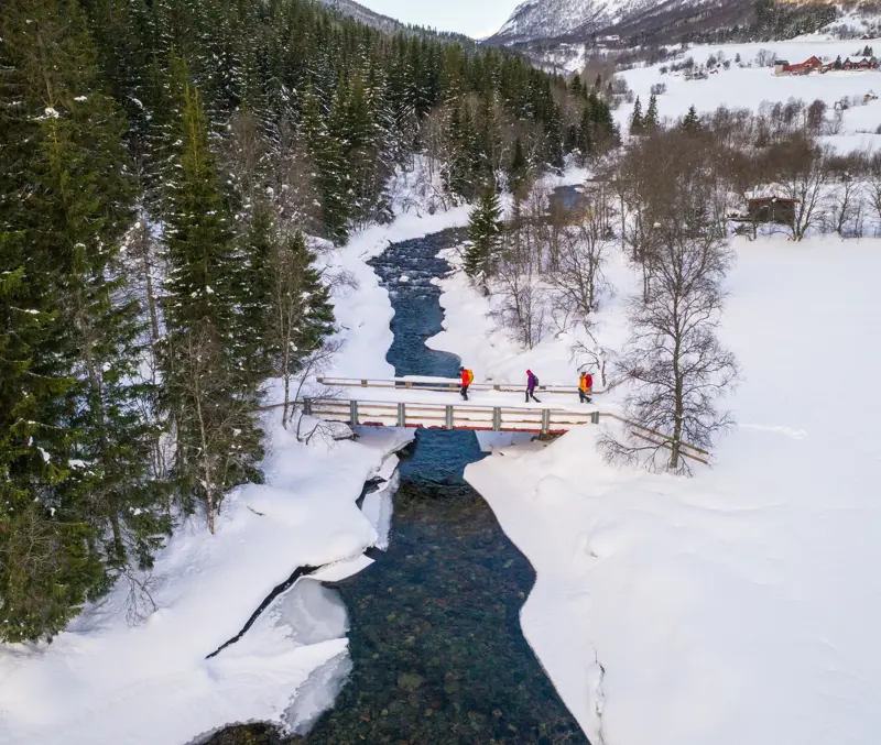 Three people on a snowshoe hike on Kongevegen
