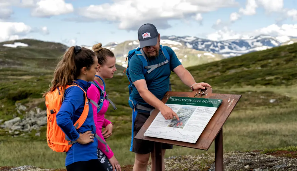 Hikers stop at information signs about Kongevegen