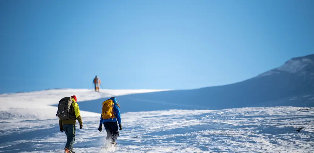Three people heading up a mountain on snowshoes