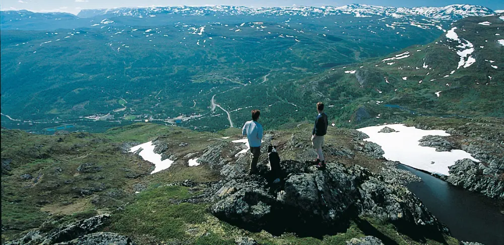 Hikers look at the view towards Tyinkrysset from Stølsnøse