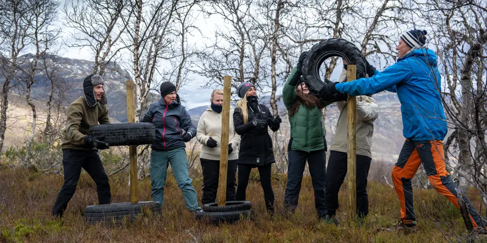 Colleagues and friends at team building at Tyin Filefjell, here under the Tower of Hanoi 