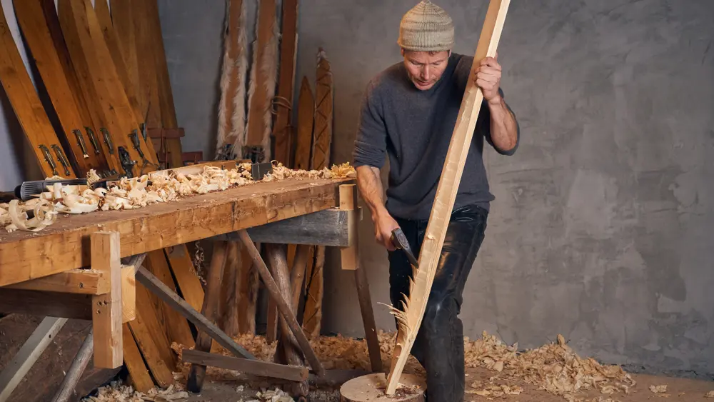 Ski maker Thomas Aslaksby makes skis the old-fashioned way. 