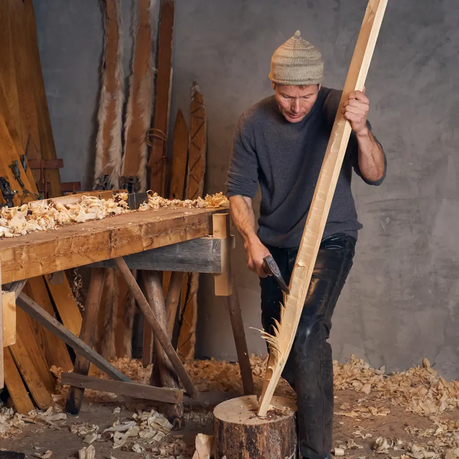 Ski maker Thomas Aslaksby makes skis the old-fashioned way. 