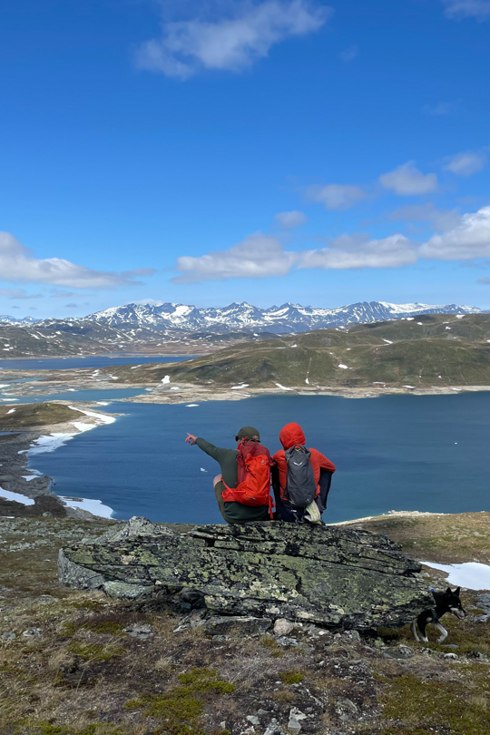 Turgåere nyter utsikten mot Jotunheimen på vei til Hødntind