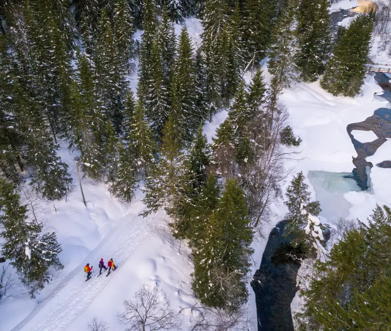 Three people on a snowshoe hike on Kongevegen