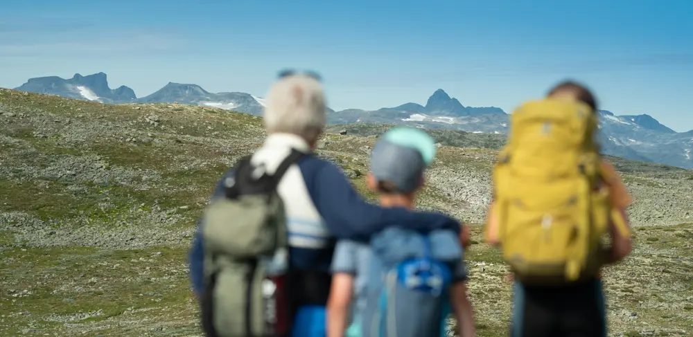 Familietur på Filefjellseggen mellom Skørsnøse og Støgonøse, med utsikt mot Jotunheimens tinder