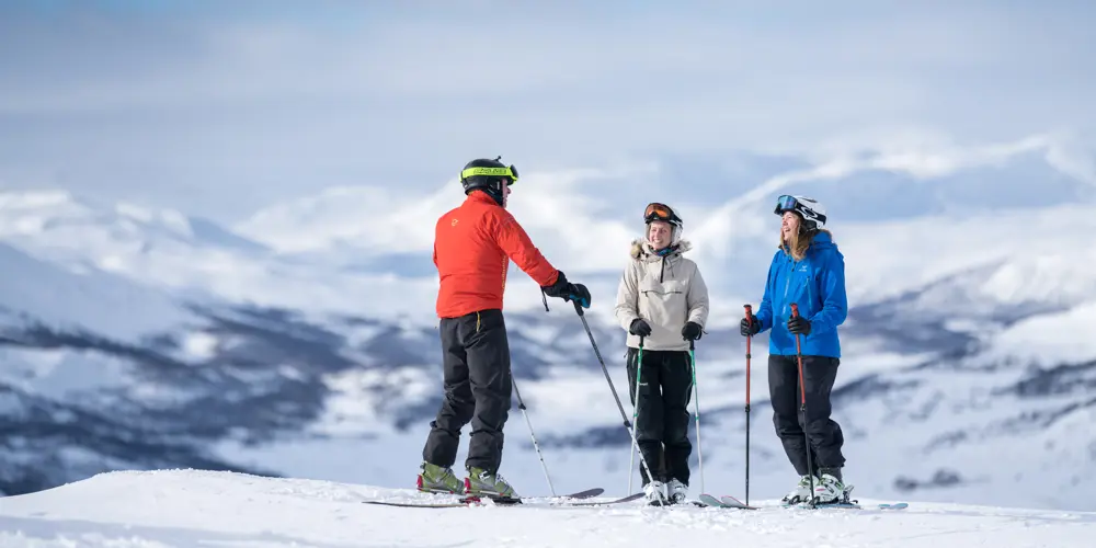 Skiers on the alpine slope in Tyin Filefjell Ski Center - ski school 