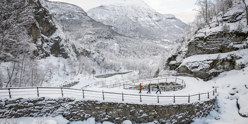 Three people on a snowshoe hike on Kongevegen, Vindhellavegen
