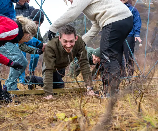 Colleagues and friends at team building at Tyin Filefjell, here in the spider web